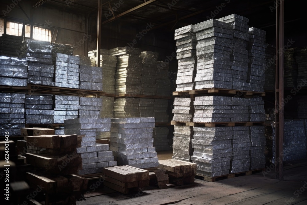 aluminum ingots stacked in a warehouse, created with generative ai aluminum ingots stacked in a warehouse, created with generative ai