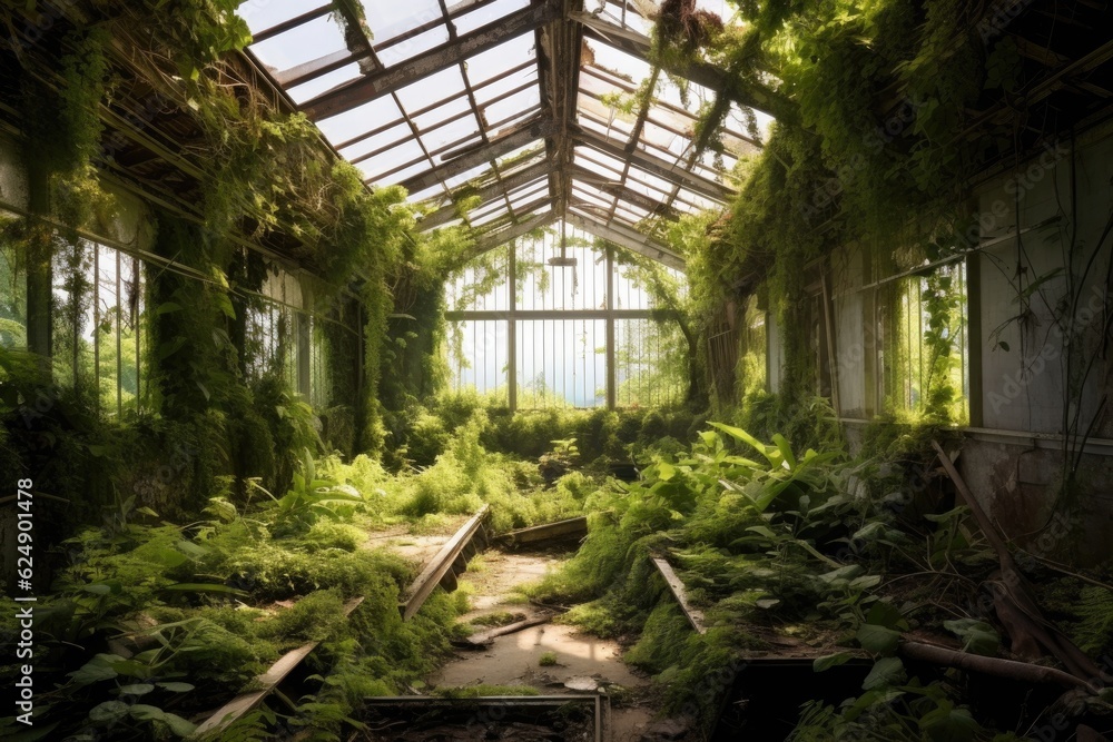 collapsed greenhouse roof with surrounding greenery, created with generative ai