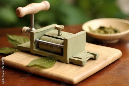 handmade tea leaf press for making compressed tea cakes, created with generative ai