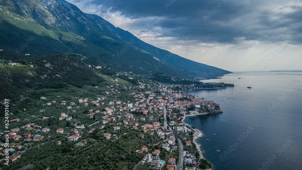 Lago Di Garda Italian drone aerial view. Mountains, lake nature view.