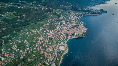 Lago de Garda. Drone areal view. Mountains and lake nature view.