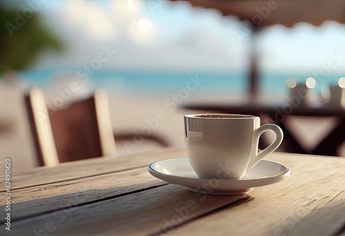 Fototapeta Naklejka Na Ścianę i Meble -  Beautiful beach background with wooden table. Close up of white coffee cup and outdoor blissful blue