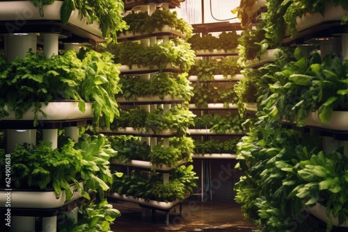 soilless growing medium and plants in a vertical farming system  created with generative ai