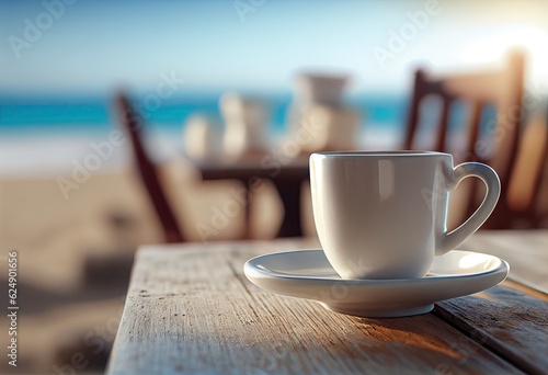 Beautiful beach background with wooden table. Close up of white coffee cup and outdoor blissful blue