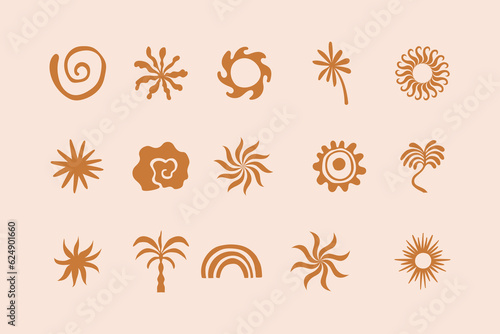 Vector logo and print design templates, summer palms, tropical hand drawn illustrations, tropical surfing concept, vacation and travel, palm trees and hippie boho elements