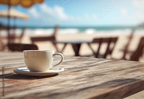 Fototapeta Naklejka Na Ścianę i Meble -  Beautiful beach background with wooden table. Close up of white coffee cup and outdoor blissful blue