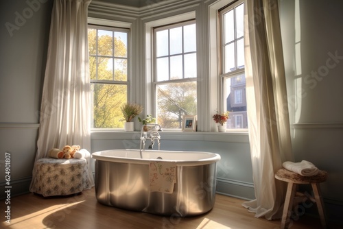 baby bathtub near a window with natural light, created with generative ai