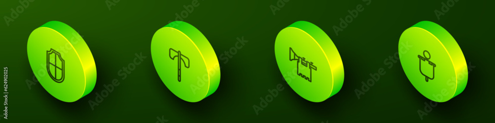 Set Isometric line Shield, Medieval axe, Trumpet with flag and icon. Vector