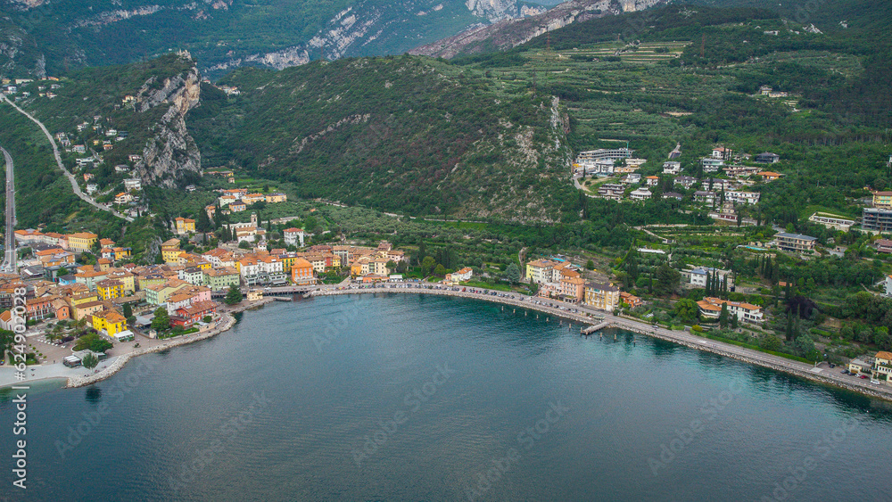 Lago de Garda. Drone areal view. Mountains and lake nature view.