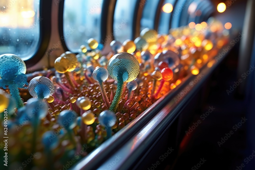 microscopic view of germs on bus railing, created with generative ai microscopic view of germs on bus railing, created with generative ai