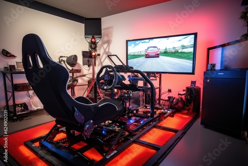 vr racing simulator setup with steering wheel, created with generative ai photo