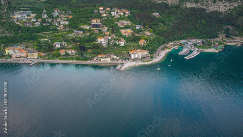 Lago de Garda. Drone areal view. Mountains and lake nature view.