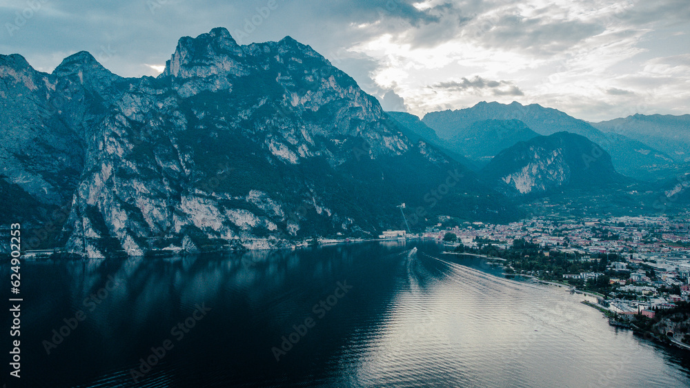 Lago de Garda. Drone areal view. Mountains and lake nature view.