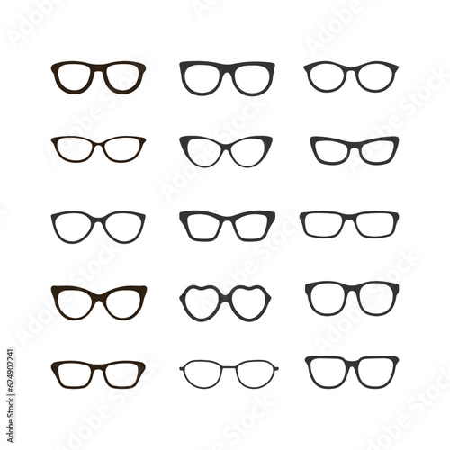 Set of isolated glasses. Vector glasses models icons. Sunglasses, glasses isolated on white background. Silhouettes. Various shapes - stock illustration.