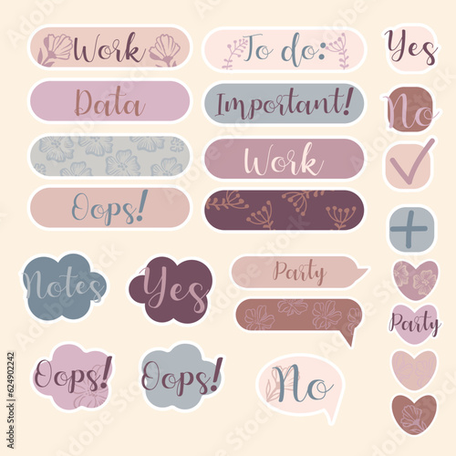 Cute paper notes in pastel colors. Stickers. Simple page. Stationary set. Notes and postcards for notes. Printable planner stickers. A note on the to-do list. Decorative element of planning. Vector