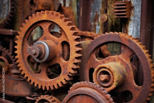 rusty gears and cogs from antique farm machinery, created with generative ai