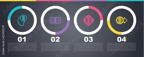 Set line Bitcoin think, Cryptocurrency bitcoin, CPU mining farm and . Business infographic template. Vector