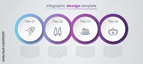 Set line Satellite, Christmas tree, Medovik and Ushanka. Business infographic template. Vector