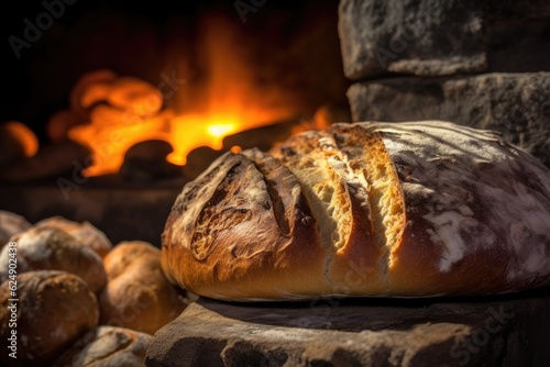 close-up of freshly baked bread in stone oven, created with generative ai