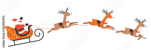 Santa Claus riding sleigh with xmas reindeers photo