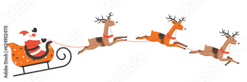 Santa Claus riding sleigh with xmas reindeers