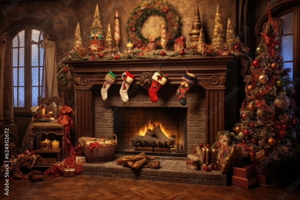 fireplace with stockings and holiday ornaments, created with generative ai