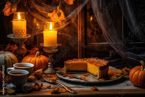 sliced pumpkin pie next to a lit candle for a cozy atmosphere, created with generative ai