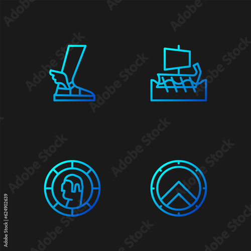 Set line Greek shield, Ancient coin, Hermes sandal and trireme. Gradient color icons. Vector