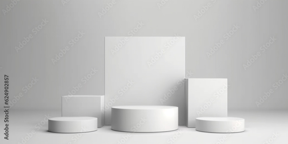 White product background stand or podium pedestal on advertising display with blank backdrops. 3D rendering White product background stand or podium pedestal on advertising display with blank backdrops. 3D rendering