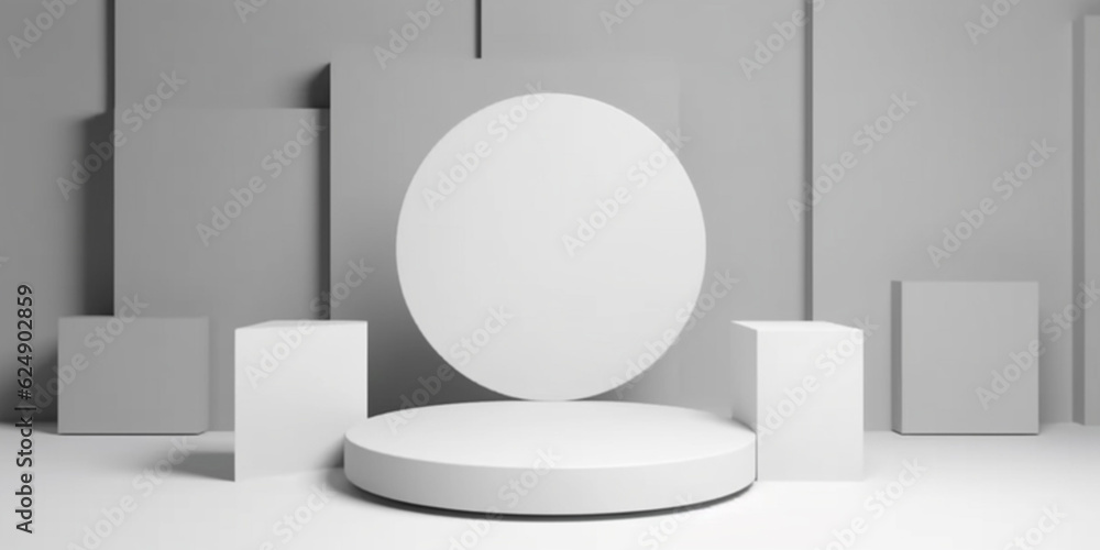 White product background stand or podium pedestal on advertising display with blank backdrops. 3D rendering White product background stand or podium pedestal on advertising display with blank backdrops. 3D rendering