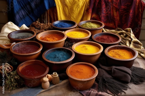 natural dyes in bowls for coloring tapa cloth designs, created with generative ai