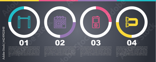 Set line Horizontal bar, Calendar fitness, Music player and Chest expander. Business infographic template. Vector