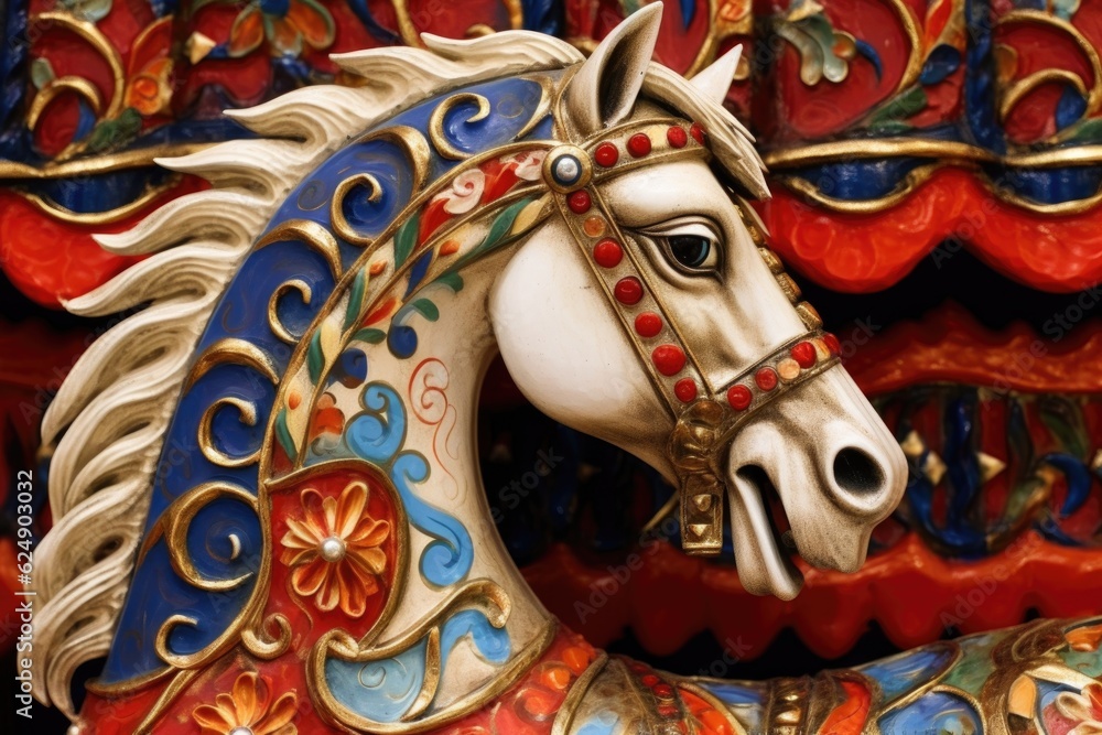 close-up of a beautifully painted carousel horse with intricate details, created with generative ai