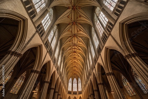 wide-angle view of a gothic cathedral ceiling, created with generative ai
