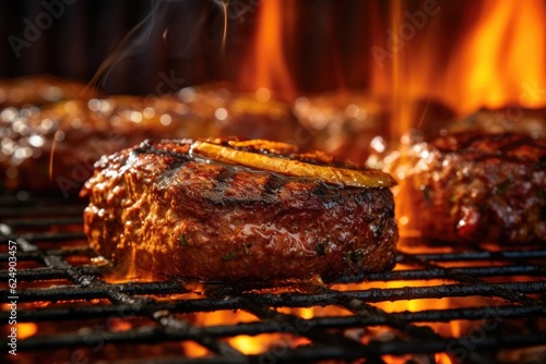 close-up of juicy bbq burgers on flaming grill, created with generative ai