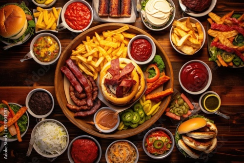 overhead view of different burger toppings on table, created with generative ai