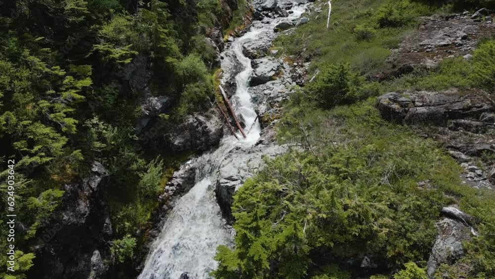 River running down the mountain by rocks and trees. River running down the mountain by rocks and trees.