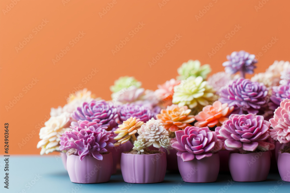 Photo of a colorful arrangement of small purple vases filled with vibrant flowers - Copy Space