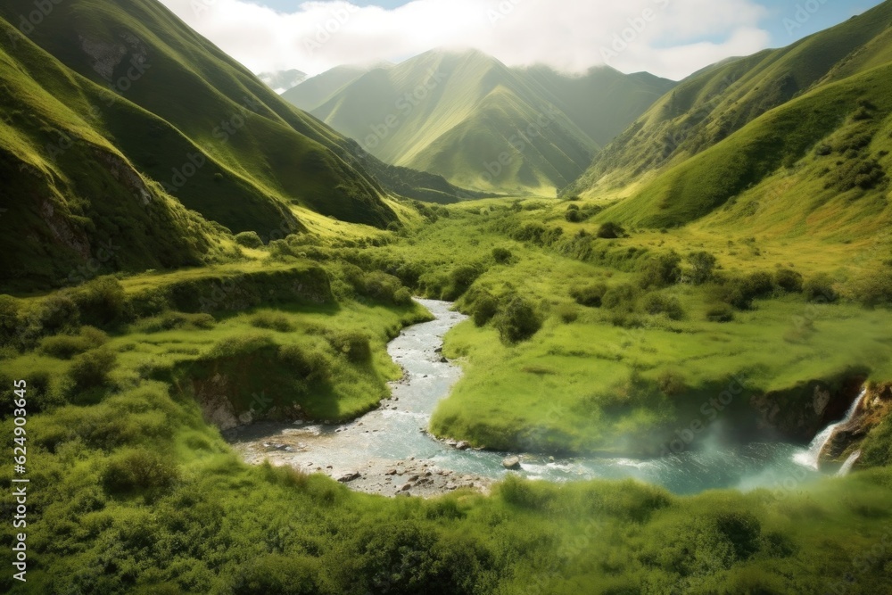 geothermal springs flowing through a lush green valley, created with generative ai