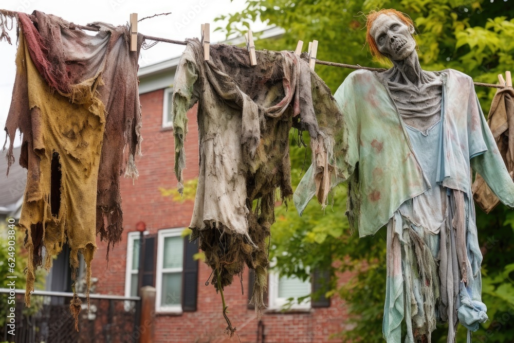 old, tattered zombie clothing hung on a clothesline, created with generative ai