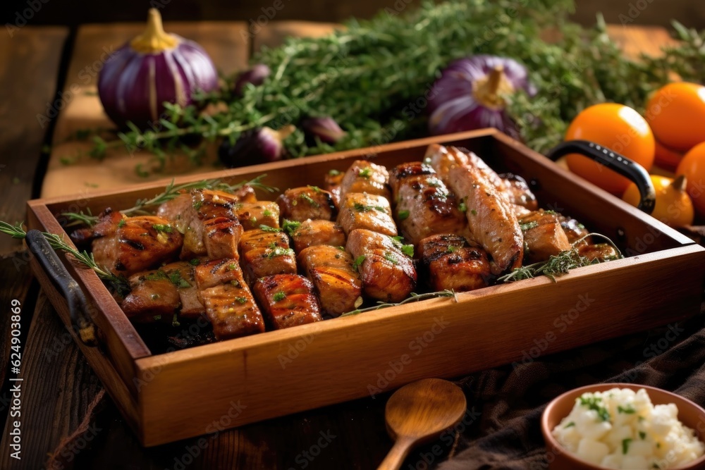 close-up of grilled sausages in a rustic serving tray, created with generative ai close-up of grilled sausages in a rustic serving tray, created with generative ai
