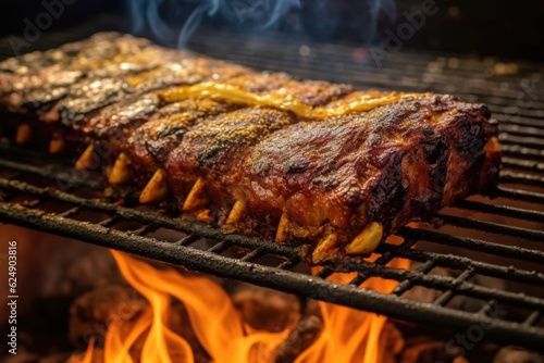 bbq ribs cooking on grill with charcoal, created with generative ai