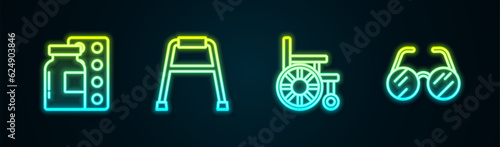 Set line Pills in blister pack, Walker, Wheelchair and Eyeglasses. Glowing neon icon. Vector