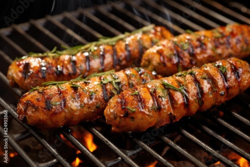 sausages arranged on a hot grill with grill marks, created with generative ai