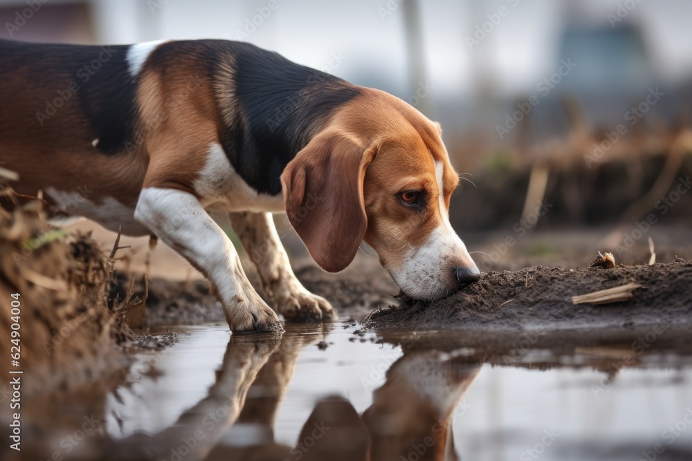 beagle examining a hole in the ground, scent discovery, created with generative ai beagle examining a hole in the ground, scent discovery, created with generative ai