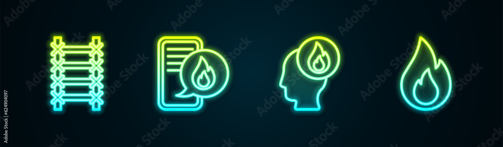 Set line Fire escape, Phone with emergency call 911, Firefighter and flame. Glowing neon icon. Vector Set line Fire escape, Phone with emergency call 911, Firefighter and flame. Glowing neon icon. Vector