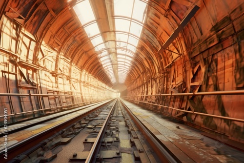 perspective view of long, curved subway tunnel, created with generative ai