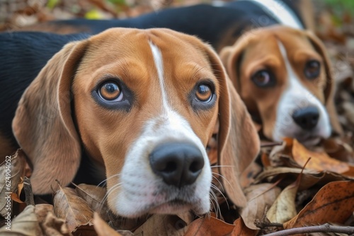 close-up of beagles nose sniffing ground with fallen leaves, created with generative ai