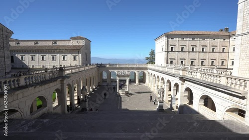 The marvelous cloister of Montecassino Abbey on a sunny morning, Lazio, Italy. March-20-2023 photo