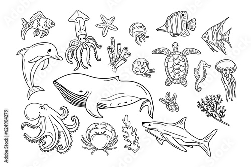 Big set of hand drawn doodle sea creatures. Vector isolated black sketches on white background. Unique hand drawn design. Idealt for coloring pages, tatoo, wrapping paper, pattern, background